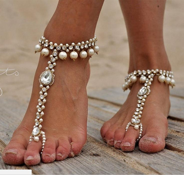 Bridal Pearl and Crystal Barefoot Sandals Wedding Shoes Yoga Accessoried Dance Shoes Foot Jewellery Pool Nude Shoes Beach Necessity