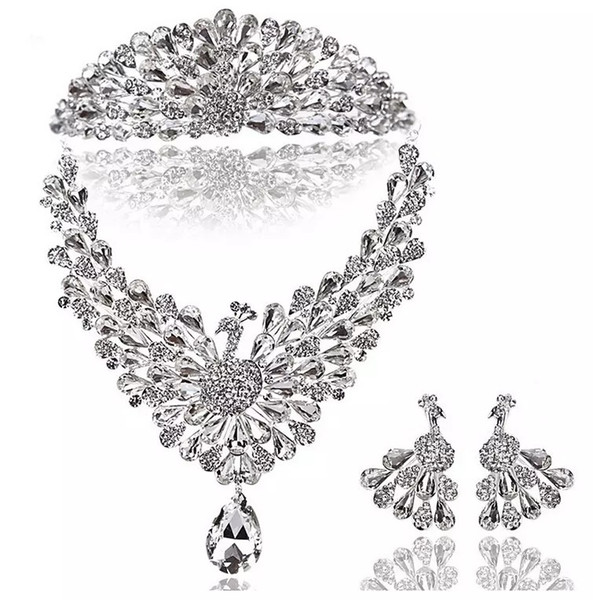 2018 Bridal Headband Clear Austrian Rhinestone Crystal Necklace Earrings Set Bridal Crown Tiara Wedding Jewlery Hot Selling