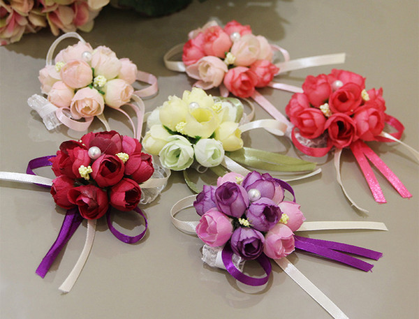 Wholsesle Bridal Wrist Corsage Flower Bridesmaid Sisters Hand Flowers Artificial Silk Lace For Wedding Party Decoration Bridal Prom