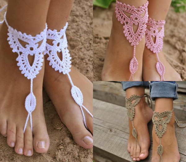 Fine Lady Lace Barefoot Sandals Beach Wedding Anklet Sexy Delicate Lace Applqiues Open Toe Ankle Flat Bridal Shoe For Summer