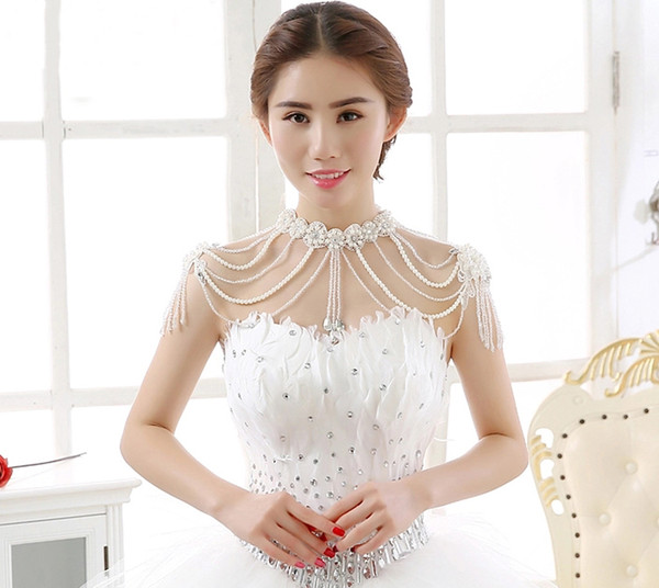 Bridal Body Chain Flower Body Jewelry Simulated-pearl Silver Rhinestone Shoulder Beading Necklaces Jewelry for Wedding Dress