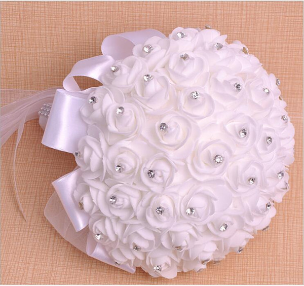 White Rose Beaded Wedding Bouquet Simple Pearl Diamond Bride Bouquet Artificial Flower Wedding Bridesmaid Bouquet Bridal Holding Flower