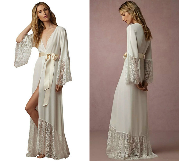 Ivory Bathrobe Hot Selling Long Sleeves Robe For Bride and Bridesmaids Lace Soft Chiffon Satin Womens' Sleepwear With Sash Size M-XL