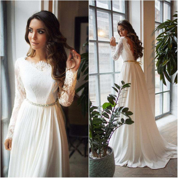 Cheap Long Sleeves Lace Bateau A-line Chiffon Beach Wedding Dresses Eleagnt Open Back Beach Bohemain Bridal Gown In Stoack 2817