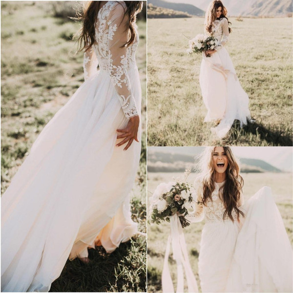 New Bohemian Country Wedding Dresses With Sheer Long Sleeves Bateau Neck A Line Lace Applique Chiffon Boho Bridal Gowns Cheap BA6589