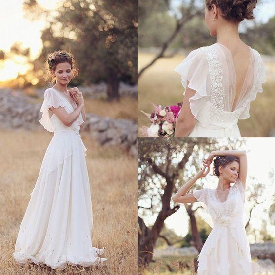 Cheap Bohemian Hippie Style Wedding Dresses Beach A-line Wedding Dress Bridal Gowns Backless White Lace Chiffon Boho