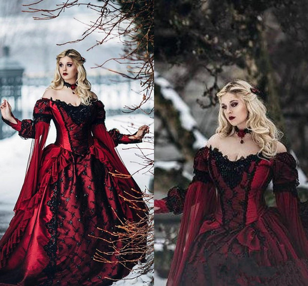 New Gothic Sleeping Beauty Princess Medieval burgundy and Black Wedding Dress Long Sleeve Lace Appliques Victorian masquerade Bridal Gowns