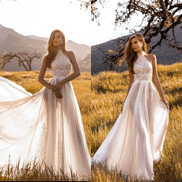 Newest Summer Boho Wedding Dresses Garden Bohemian A Line Halter Neck Lace Bodice Long Beach Country Bridal Gowns