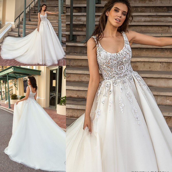 Church Backless A-line Wedding Dresses New Arabic Major Beading Backless Court Train Sleeveless Elegant Garden Bridal Gowns