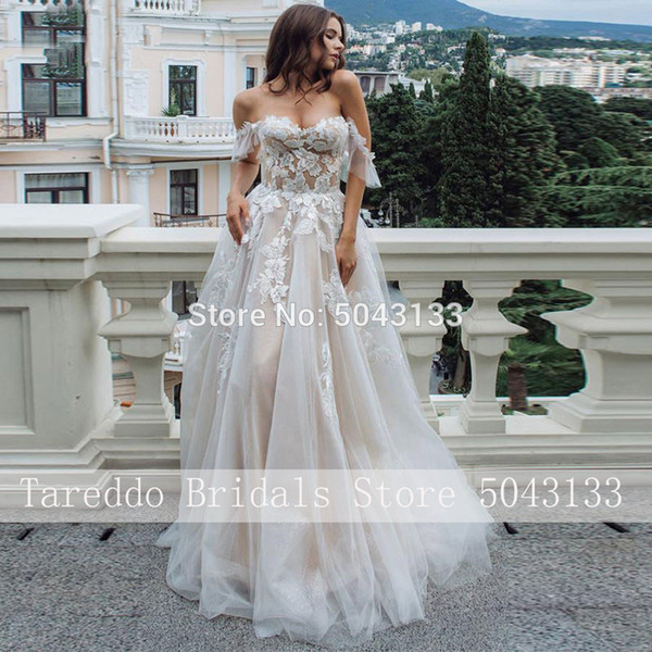 Sexy Sweetheart BohemianA Line Lace Appliques Wedding Dresses Off Shoulder Chic Sleeveless Tulle Beach Bridal Gowns Formal Bride Dress 