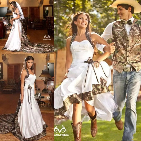 Country Camo White Wedding Dresses Halter Neck Sweep Train Backless A-line Garden Bridal Gowns Custom Made BO9190