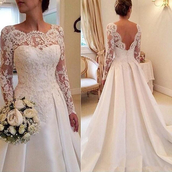 Elegant Long Sleeves Bateau A-line Wedding Dresses Cheap Lace Appliqued Satin Open Back Plus Size Bridal Gown