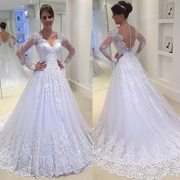 Sexy See Through Button Back Wedding Dresses Vestios De Novia V-neck Sheer Long Sleeves Lace Appliques Beaded Cheap Bridal Gowns