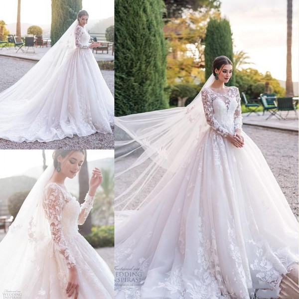 Modest Lace wedding Dresses Illusion Long Sleeves Appliqued Jewel Neck with Court Train Western Garden Bridal Gowns