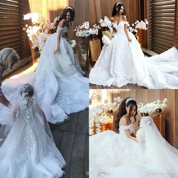 Gorgeous African Off The Shoulder Wedding Dresses with Detachable Train Lace Appliques Wedding Gowns Sweep Train Arabic Bridal Dresses