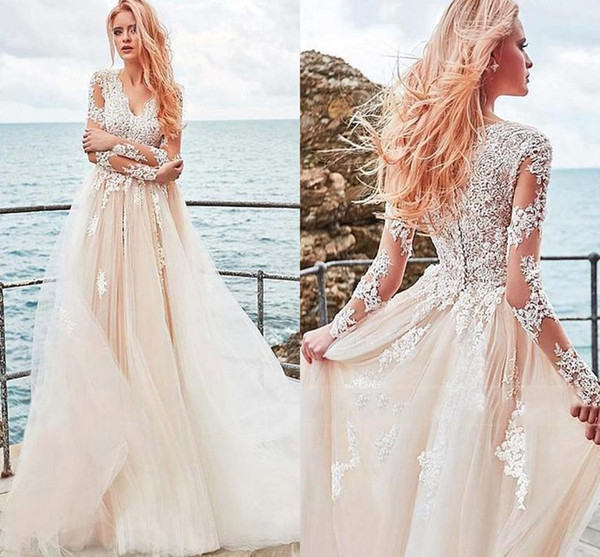 Champagne Long Sleeves Lace Appliqued A-line Wedding Dresses Vintage Eleagnt Beach Bohemian Plus Size Bridal Gown BM1521