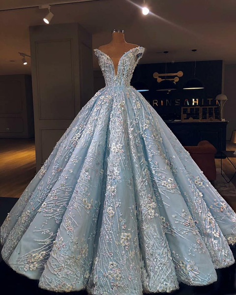 Elegant Light Blue Lace Appliqued A-line Wedding Dress Luxury Dubai Off Shoulder V Neck 3D Flowers Plus Size Bridal Gown Custom Made