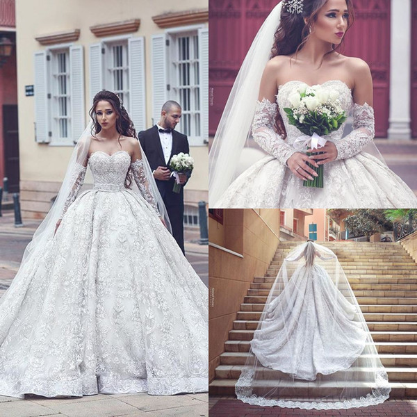 2019 Lace Appliqued Strapless A-line Wedding Dress Luxury Sheer Lace Long Sleeves Plus Size Sweep Train Bridal Gown