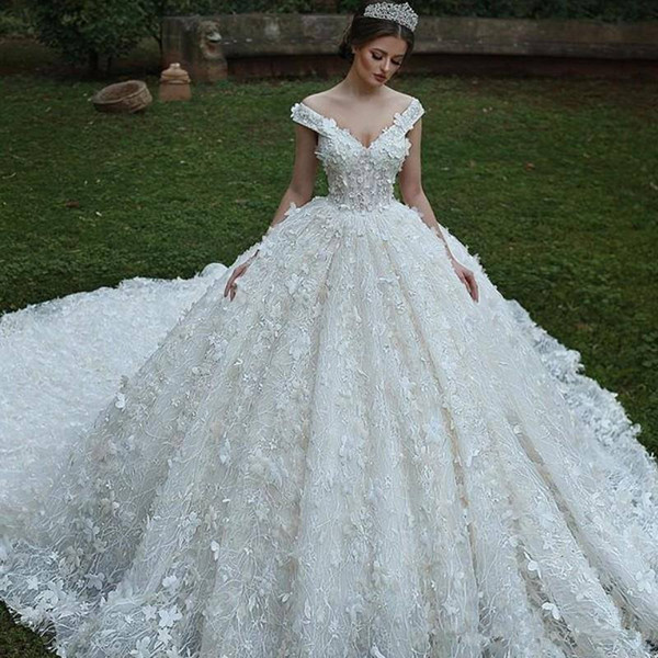 New Full Lace Wedding Dresses Stunning Elegant Arabic Off Shoulder Bridal Gowns With Hand Made Flowers Fitted Sweep Train Vestidos