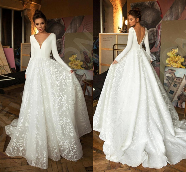 Elegent Satin Long Sleeves Wedding Dresses Vintage Deep V Neck Open Back Beach Bohemian Plus Size Bridal Gown BC2474