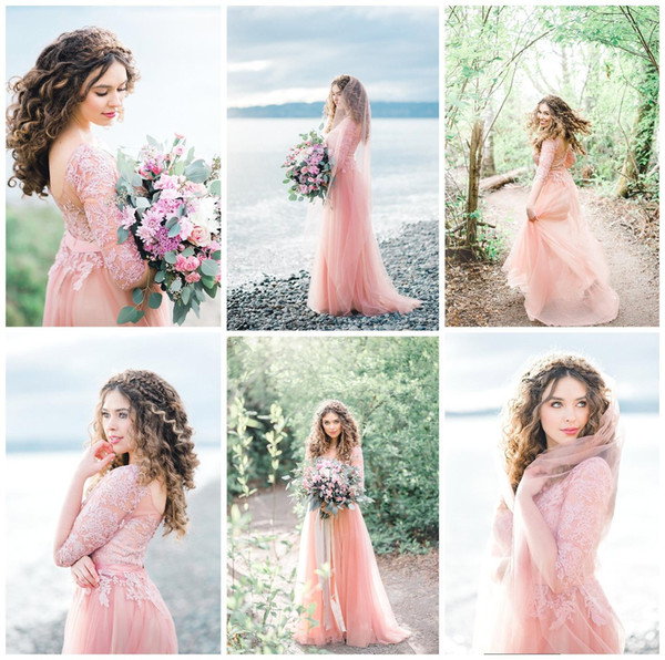 2019 Cheap Blush Pink Long Sleeves Bohemian Wedding Dresses Vintage Lace Appliqued Tulle Country Beach Boho Bridal Gown In Stcock CPS470