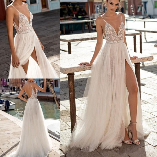 Gali Karten Beach Wedding Dresses Side Split Spaghetti Sexy Illusion Boho A-Line Wedding Dresses Pearls Backless Bohemian Bridal Gowns