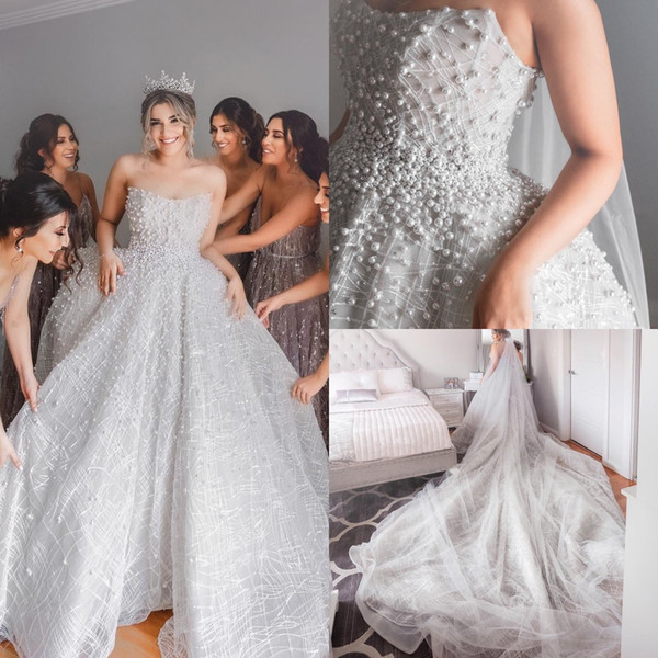 Luxury Pearls Vintage Wedding Dresses Strapless Lace Sequined Chapel Train Plus Size Bridal Wedding Gowns Custom Made robes de mariée