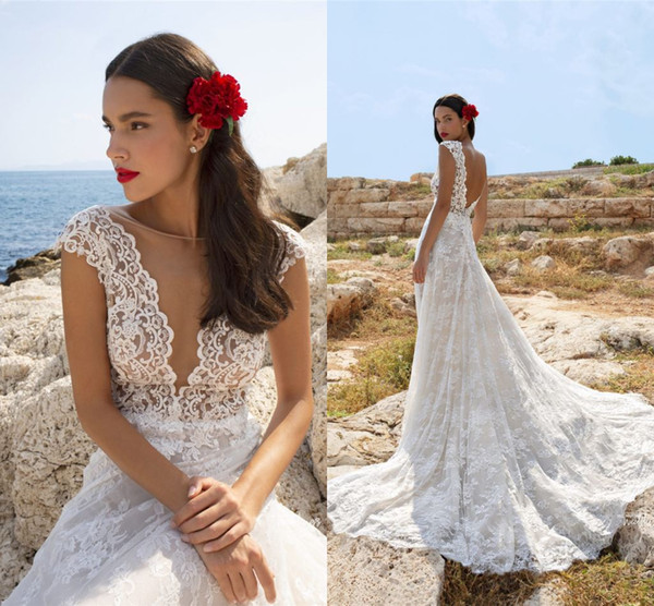 Elegant Full Lace A-line Bohemian Wedding Dress Sexy Open Back Plus Size Sweep Train Beach Boho Bridal Gown