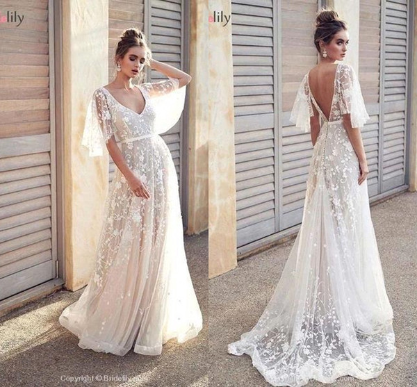 Sexy Open Back A-line Bohemian Wedding Dresses Vintage V Neck Poet Short Sleeves Beach Boho PLus Size Bridal Gown BM1607