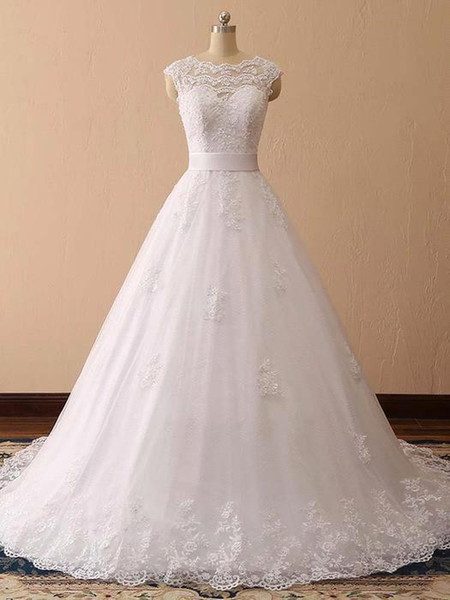 Vintage Lace Appliqued Bateau A-line Wedding Dresses Cheap Bohemian Floor Length Princess Plus Size Bridal Gown BM1523