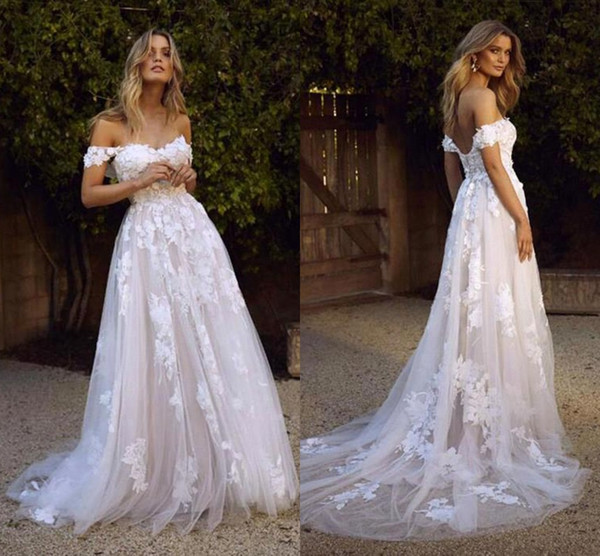 Cheap Off Shoulder Lace Appliqued A-line Wedding Dresses Vintage Eleagnt Beach Bohemian Plus Size Bridal Gown BM1510