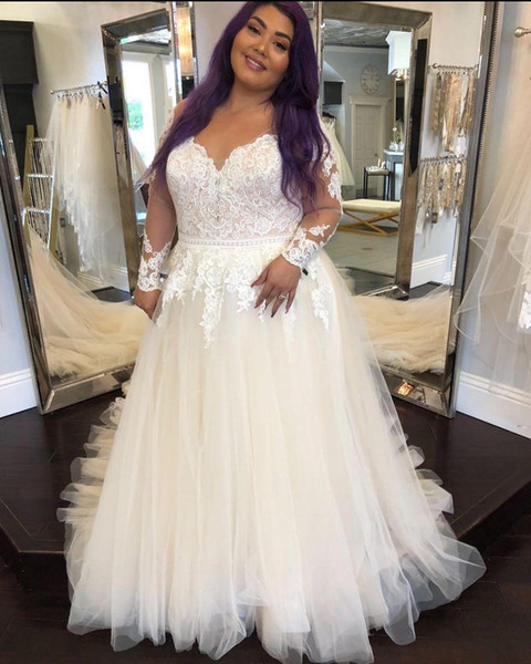 Fashion Plus Size Lace Wedding Dresses V Neck A Line Long Sleeves Bridal Gowns Covered Buttons Sweep Train Tulle robe de mariée