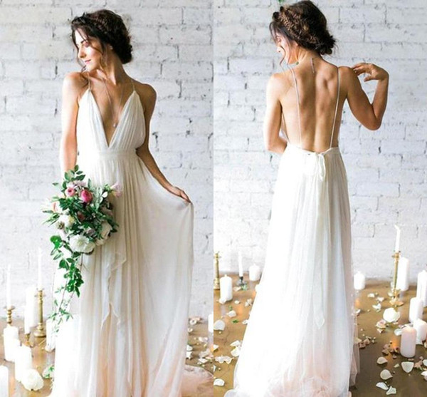 Sexy Spaghetti Chiffon Country Bohemian Wedding Dress Cheap Vintage Open Back Plus Size Beach Boho Bridal Gown BM1506