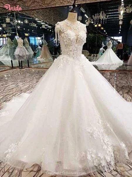 Luxury High Neck 3d Flowers A-line Wedding Dresses Cheap Backless Corset Back Ball Gown Plus Size Bridal Gown BM1611