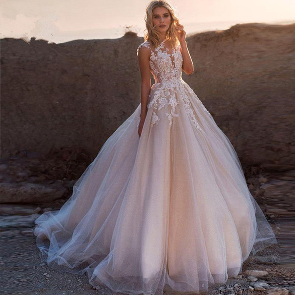 Vintage Light Champagne A-line Wedding Dress Cheap Lace Appliqued Layers Tulle Plus Szie Beach Bohemain Bridal Gown BC2541