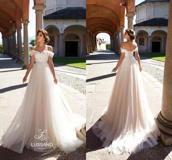 Elegant Simple Off The Shoulder Wedding Dresses A Line Lace Applique With Sash High Waist Lace Up Wedding Party Bridal Gowns BA7443