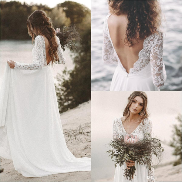 Simple White Top Lace Cheap Country Beach Wedding Dresses V Neck Full Sleeve Chiffon Low Back Bohemian Bridal Gowns Robe De Mariage