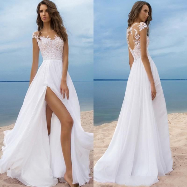 Luxury Beach Boho Wedding Dresses Short Sleeves Cheap Chiffon Bohemian Long Bridal Gowns High Side Slit Backless robe de mariee Sheer Neck