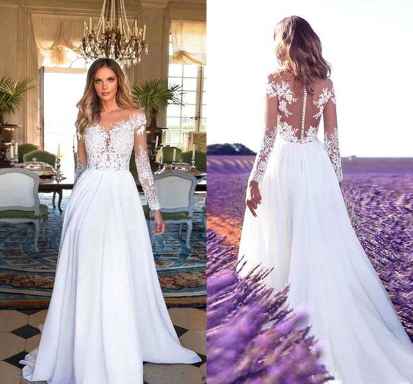 Robe de mariee Romantic Garden Bohemian Wedding Dresses A Line Chiffon Sheer Appliques Long Sleeve Button Covered Back Bridal Gowns Cheap