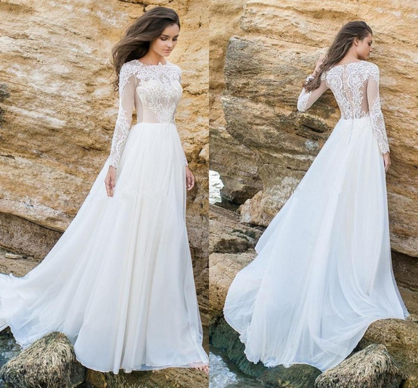 Summer Beach Wedding Dresses Jewel Neck Long Sleeve Lace Applique Illusion Button Back Chiffon Sweep Train Bridal Gowns Bohemain