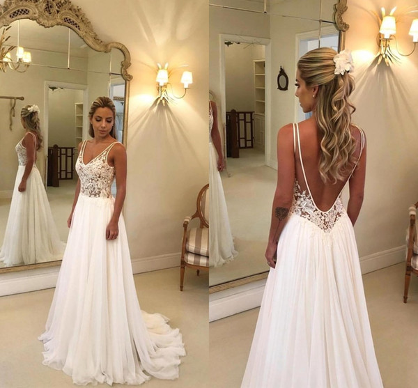 Simple Designed Open Back Wedding Dresses Lace Appliqued V Neck A Line Sexy Boho Wedding Gowns Custom Made BC2834