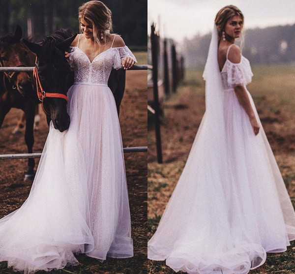 Newest Western Boho Wedding Dresses Garden Summer Bohemian A Line Spaghetti Strap Tulle Simple Bridal Gowns Sexy Backless