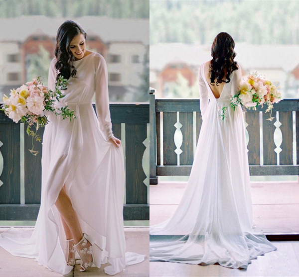 Bohemian Wedding Dresses Simple Designed Long Sleeve A Line Split Backless Bridal Country Wedding Gowns Cheap Robe de mariee