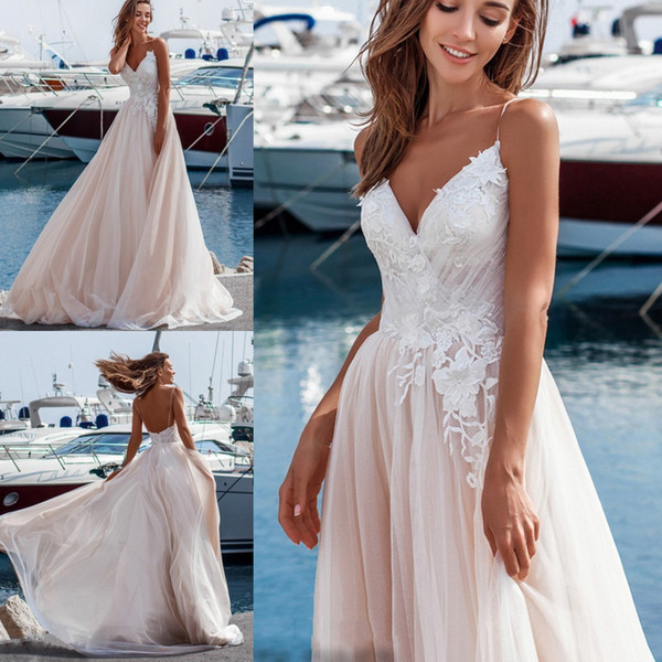 Summer Beach Wedding Dresses Sexy Spaghetti Strap A Line Backless Long Boho Bridal Gowns Vestidos de novia Cheap