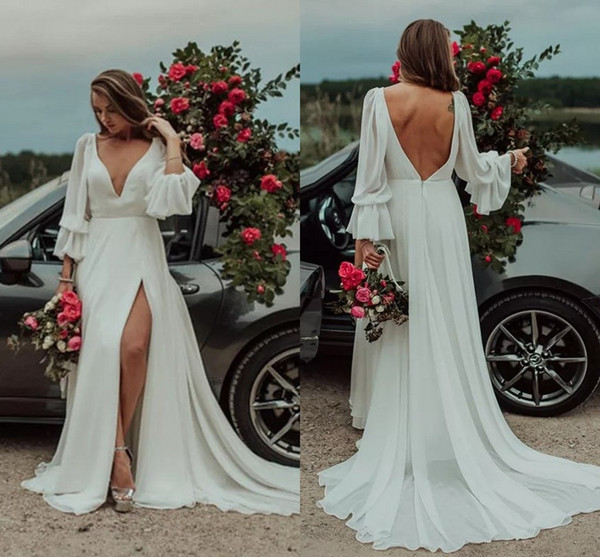 Simple Designed Summer Garden Bohemain Bridal Wedding Dresses Split A Line Plunging Neck Long Sleeve Chiffon Boho Wedding Gowns Cheap