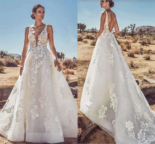 Robe de mairee New Summer Garden Backless Wedding Dresses Appliqued 3D Plunging V Neck A Line Bridal Gowns