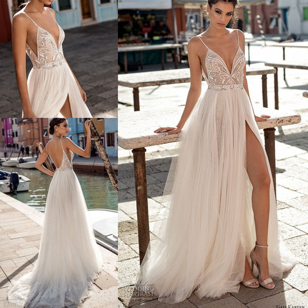 Gali Karten Beach Wedding Dresses Side Split Spaghetti Sexy Illusion Boho A-Line Wedding Dresses Pearls Backless Bohemian Bridal Gowns