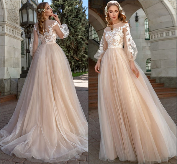 Fairy Summer Boho Champagne Wedding Dresses Long Poet Sleeve Sheer Neck A Line Appliqued Bridal Gowns Cheap