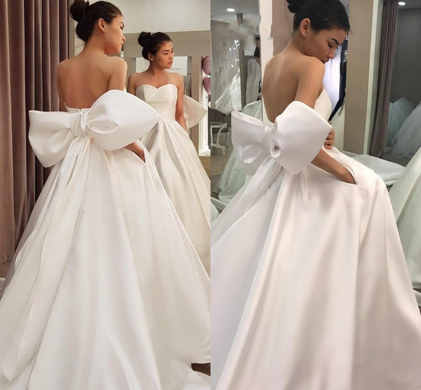 Noble White Simple Designed Satin Wedding Dresses Big Bow Sash A Line Backless Sweetheart Western Bridal Gowns