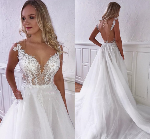 New Arrival Backless Wedding Dresses Cap Sleeve Appliqued Illusion Top Ruffles Tulle Long Bridal Gowns Robe de mariee